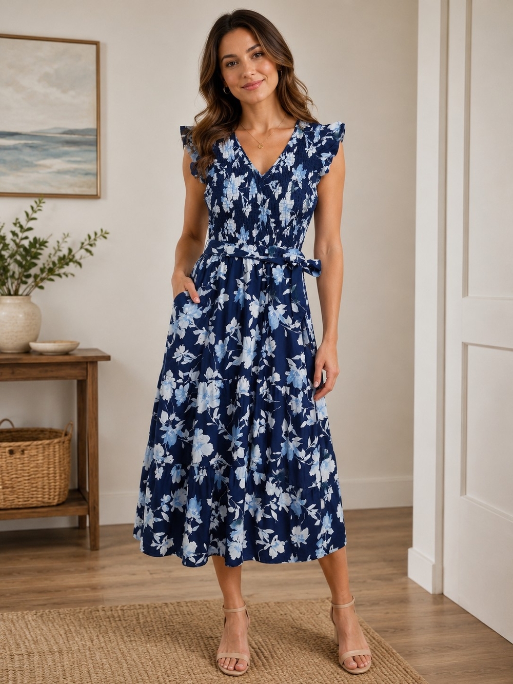 Midi Dress Smocked V Neck Navy Ruby + Remi